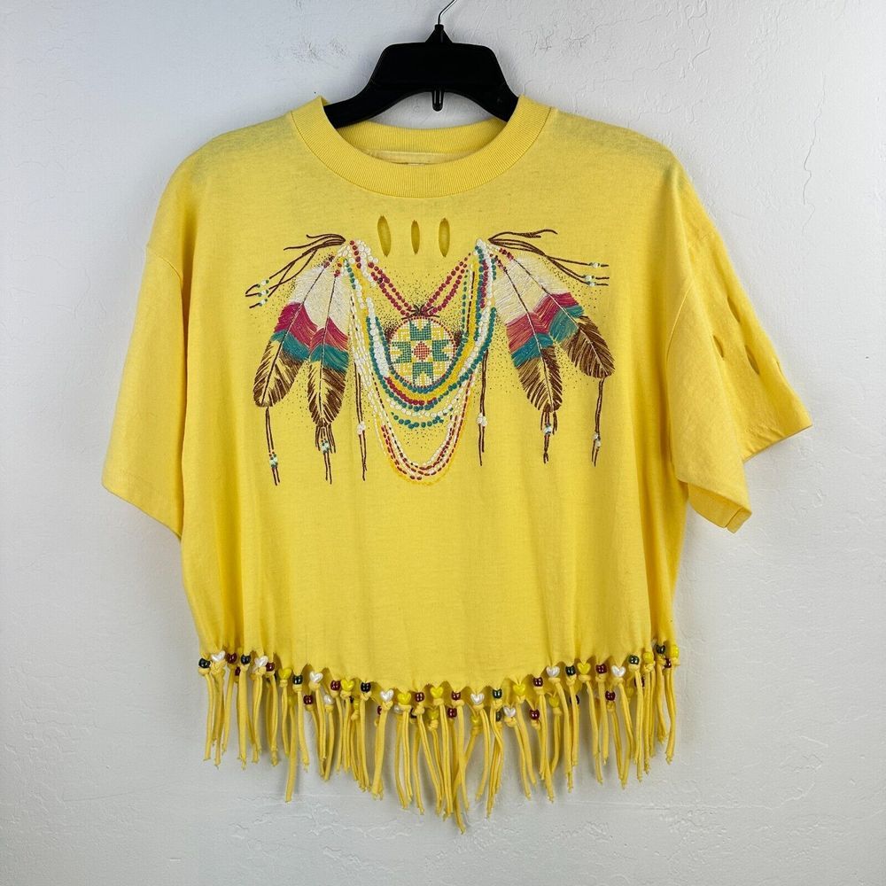 Vtg Brooks Top Womens M Yellow Crop Feather‎ Fringe Beaded Boho Distressed